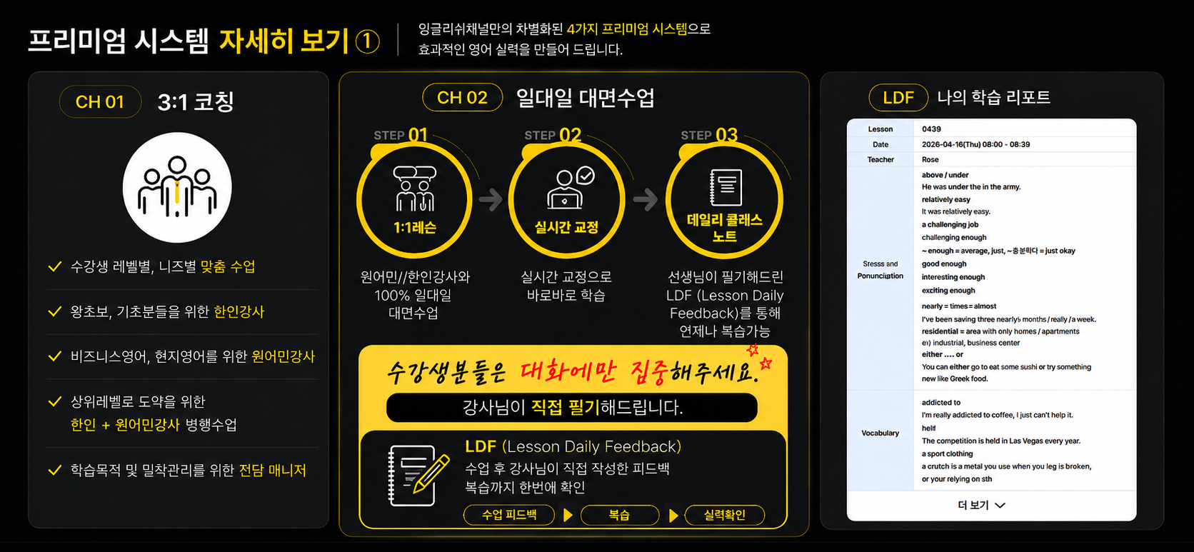 프리미엄 시스템 자세히 보기 1. CH01 3:1 코칭, CH02 일대일 대면수업, LDF 나의 학습 리포트